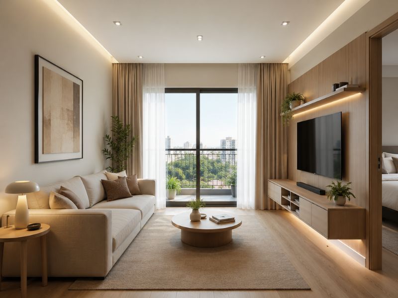 Thiết kế nội thất chung cư 45m2 cho phòng khách với sofa kem, bàn trà tròn thấp, kệ ti vi gỗ sáng và hệ đèn hắt trần