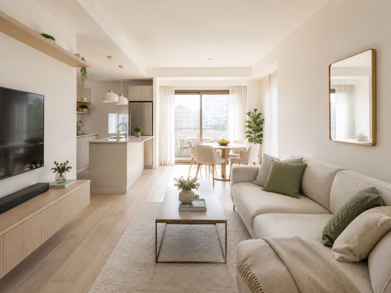 Thiết kế nội thất chung cư 45m2 kiểm soát tỷ lệ màu sắc với phòng khách tông trắng kem, gỗ sáng và điểm nhấn xanh lá nhẹ