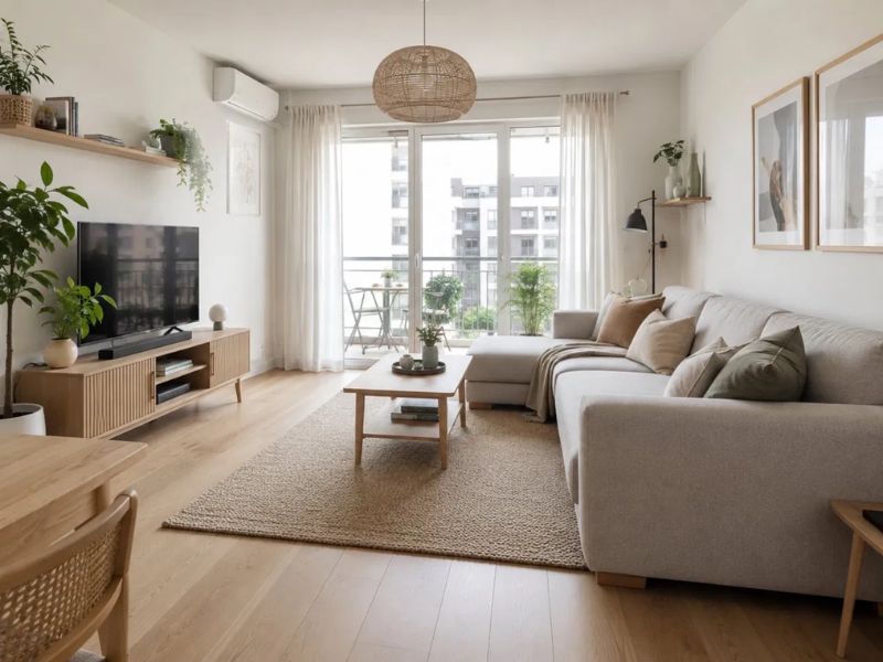 Thiết kế nội thất chung cư 45m2 phong cách Scandinavian với phòng khách sofa xám nhạt, kệ ti vi gỗ sồi và đèn thả mây đan