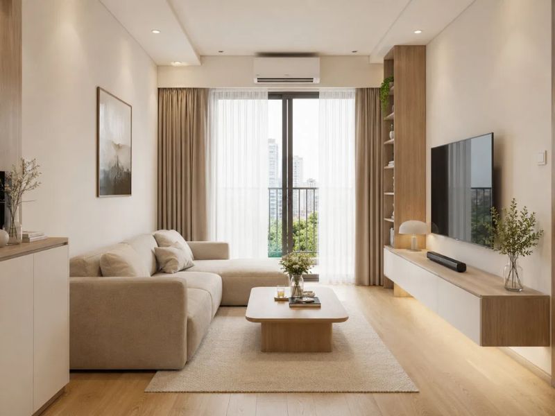 Thiết kế nội thất chung cư 45m2 phong cách Tối Giản với phòng khách sofa màu be, kệ ti vi treo tường và cửa kính lớn lấy sáng