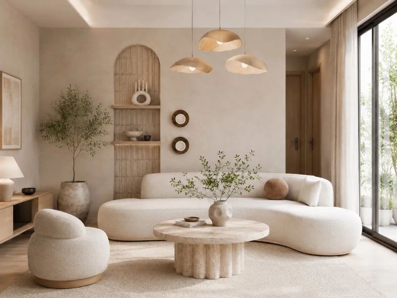 Thiết kế nội thất chung cư 45m2 phong cách Wabi Sabi với sofa bo cong màu kem, bàn trà tròn thấp và hốc tường vòm trang trí