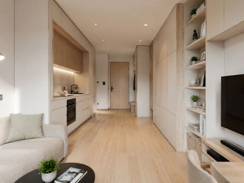 Thiết kế nội thất chung cư 45m2 ưu tiên lưu trữ theo chiều đứng với tủ kịch trần, kệ mở sát tường và mặt sàn thông thoáng