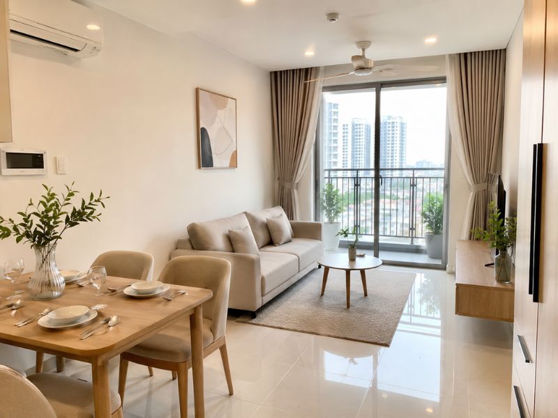 Thiết kế nội thất chung cư 45m2 với sàn gạch bóng sáng, sofa vải màu be và không gian phòng khách phù hợp khí hậu TP.HCM
