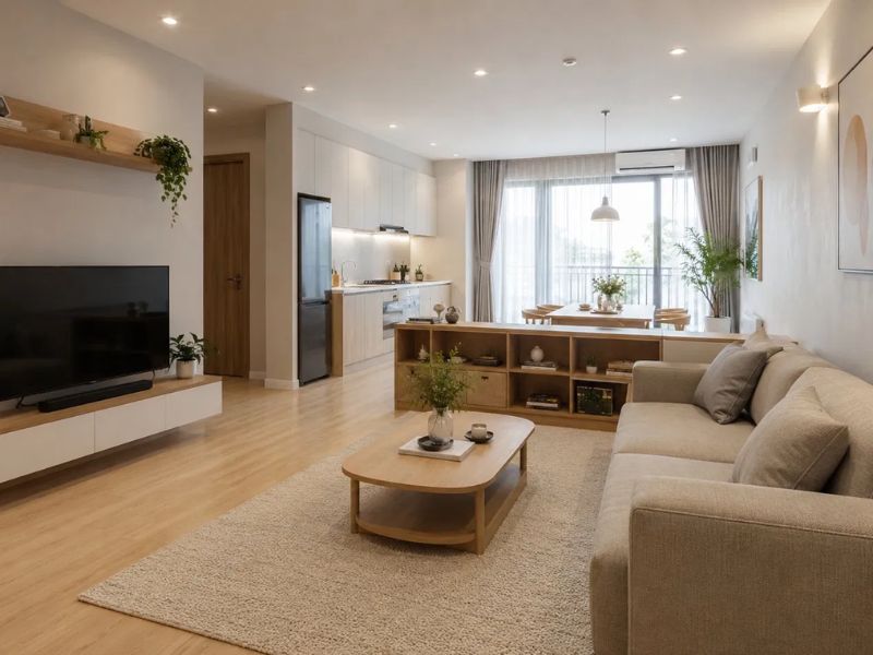 Thiết kế nội thất chung cư 50m2 không gian mở phòng khách bếp liên thông kệ gỗ sồi thấp phân vùng sofa be kem sàn gỗ nhạt