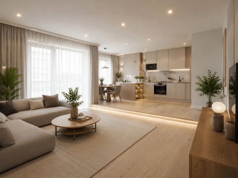 Thiết kế nội thất chung cư nhỏ 50m2 không gian mở bậc sàn gỗ đèn LED viền phân vùng phòng khách bếp sofa xám nhạt cửa kính lớn