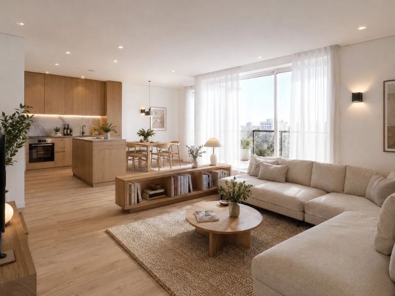 Thiết kế nội thất chung cư 50m2 không gian mở tông trắng ngà gỗ sồi phòng khách bếp bàn ăn liên thông cửa kính lớn