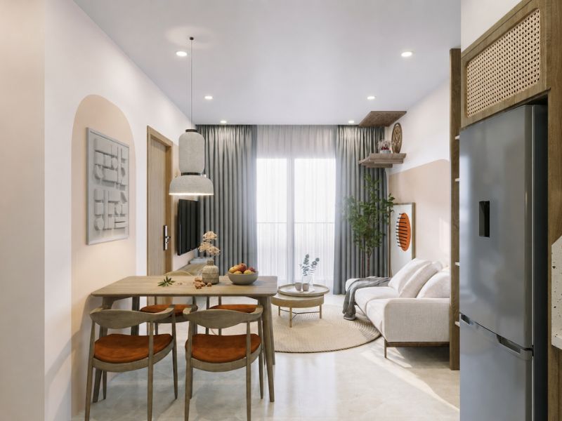 Thiết kế nội thất chung cư 50m2 phong cách Japandi với phòng khách liền bếp