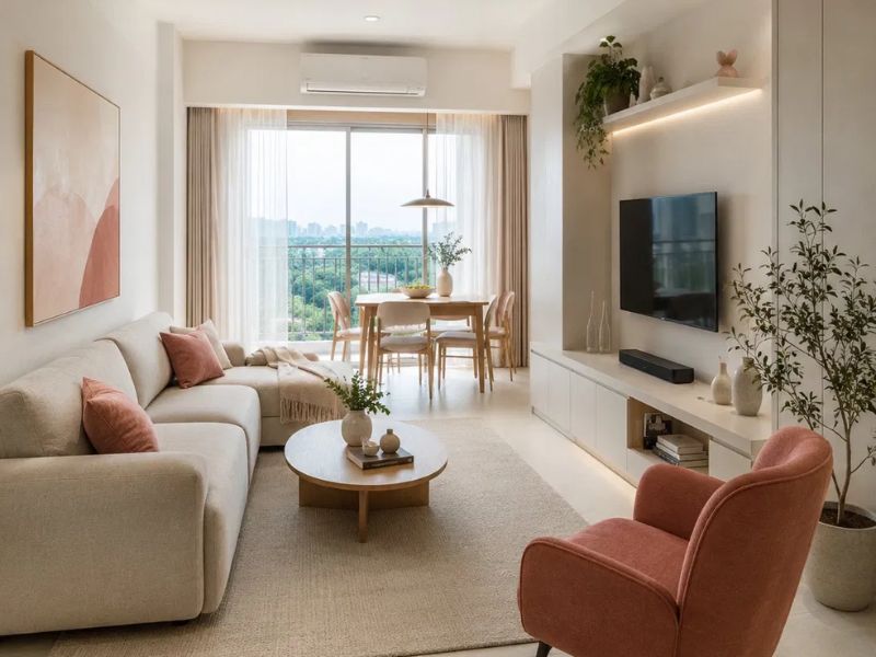 Thiết kế nội thất chung cư 50m2 tông be kem sofa trắng ngà ghế đơn hồng đất gối hồng kệ TV trắng cửa kính view xanh