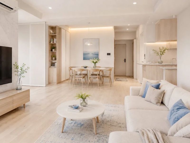 Thiết kế nội thất chung cư 50m2 tông trắng ngà gỗ sồi nhạt gối xanh dương nhạt thảm xanh bàn trà trắng kệ hở gỗ