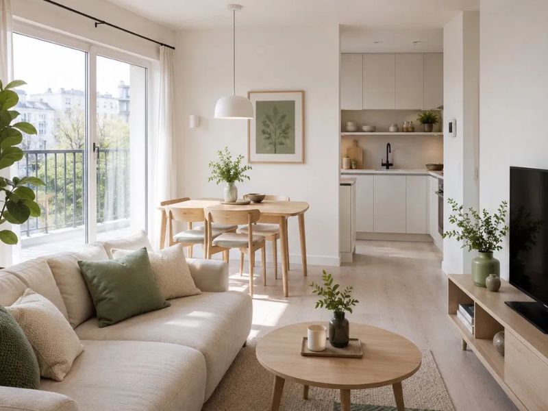 Thiết kế nội thất chung cư 50m2 tông trắng ngà gỗ sồi nhạt gối xanh rêu bàn ăn tròn cửa kính lớn đón sáng tự nhiên