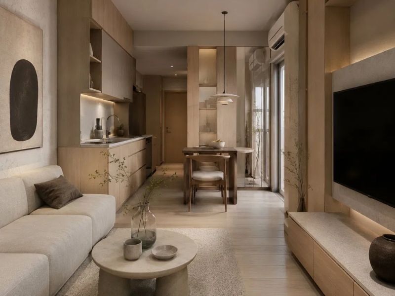 Thiết kế nội thất chung cư 50m2 vật liệu gỗ óc chó tự nhiên tủ kịch trần kệ hở sofa trắng ngà bàn trà đá bê tông sàn gỗ nhạt