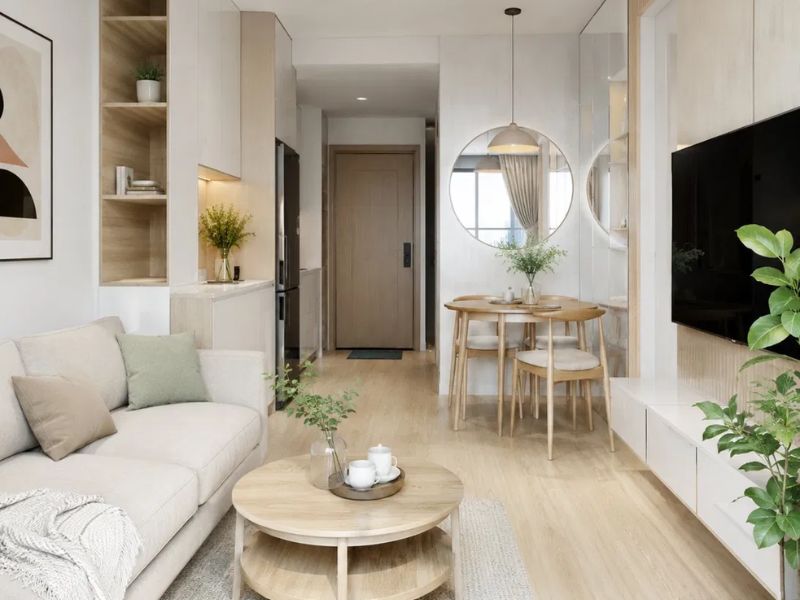 Thiết kế nội thất chung cư 50m2 vật liệu gỗ sồi nhạt kệ hở tủ trắng gương tròn lớn sàn gỗ nhạt sofa be kem