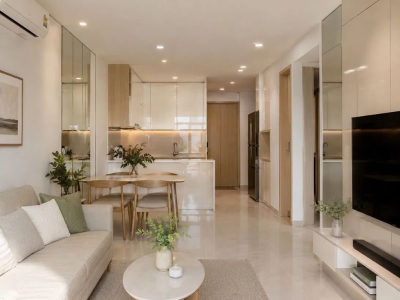 Thiết kế nội thất chung cư 50m2 vật liệu gương phản chiếu tủ trắng bóng gỗ sồi sàn gạch lớn be kem sofa trắng ngà