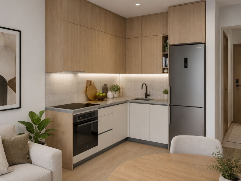 Thiết kế nội thất phòng bếp chung cư 45m2 dạng chữ L với tủ gỗ sáng, tủ dưới màu kem và khu nấu nướng bố trí sát góc tường