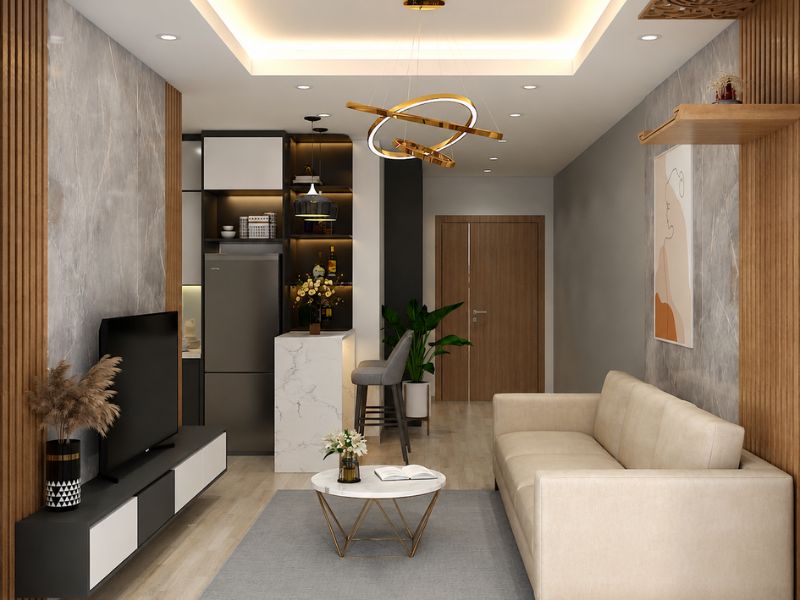 Phòng khách chung cư 45m2 với sofa văng và bếp mở