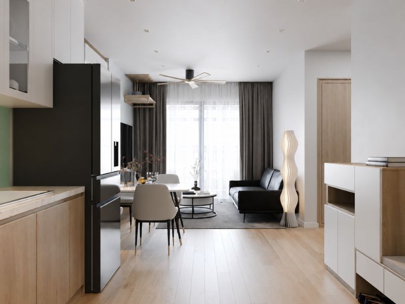 Phòng bếp căn hộ 45m2 liên thông bàn ăn và phòng khách