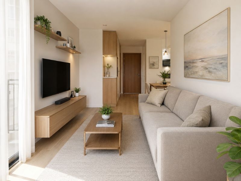 Thiết kế nội thất phòng khách chung cư 45m2 có sofa sáng màu, kệ ti vi treo thấp, bàn trà gỗ nhỏ và lối đi thông thoáng