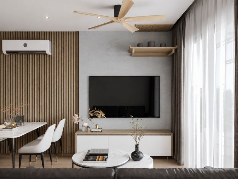 Phòng khách căn hộ 45m2 liên thông bàn ăn với kệ tivi thấp