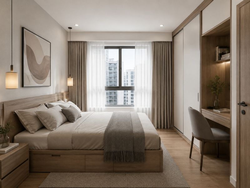 Thiết kế nội thất phòng ngủ chung cư 45m2 với giường đôi gỗ sáng, tủ áo cửa trượt kịch trần và bàn làm việc âm vào hốc tủ