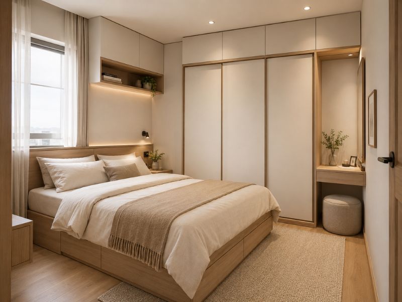 Thiết kế nội thất phòng ngủ chung cư 45m2 với giường đôi gỗ sáng, tủ áo cửa lùa kịch trần và bàn trang điểm đặt gọn bên cạnh