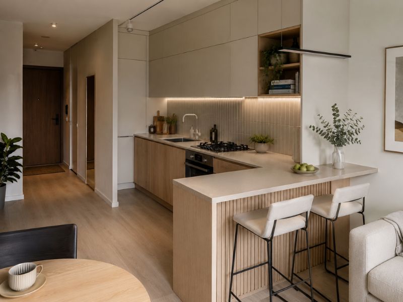 Thiết kế phòng bếp căn hộ 45m2 với quầy bar 2 ghế, tủ bếp gỗ sáng và mặt bàn đá màu kem