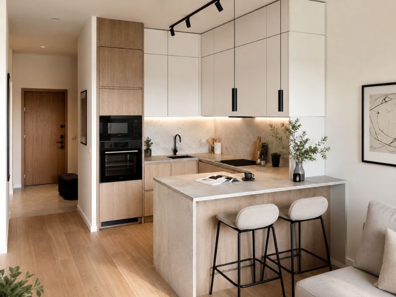 Thiết kế phòng bếp chung cư 45m2 với bếp chữ L, đảo kết hợp quầy bar, ghế cao và hệ tủ bếp kịch trần