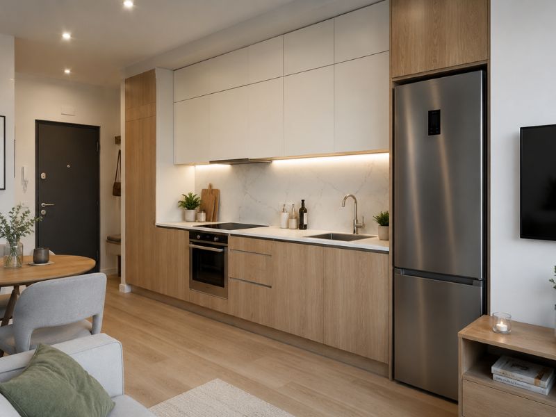 Thiết kế phòng bếp chung cư 45m2 với tủ bếp chữ I, tủ trên trắng, tủ dưới gỗ sáng và tủ lạnh đặt sát một bên