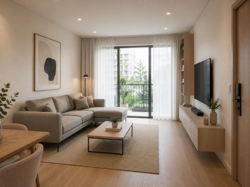 Thiết kế phòng khách căn hộ 45m2 với sofa chữ L nhỏ, bàn trà khung mảnh, kệ ti vi treo tường và ban công lấy sáng