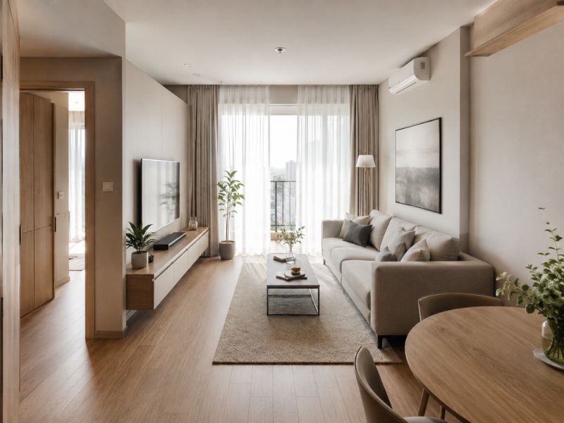 Thiết kế phòng khách chung cư 45m2 liền bàn ăn với sofa văng sáng màu, kệ ti vi sát tường và cửa kính lớn ra ban công