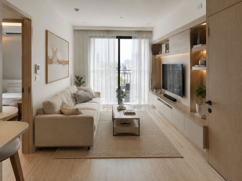 Thiết kế phòng khách chung cư 45m2 với sofa kem, kệ ti vi liền tủ lưu trữ gỗ sáng và cửa kính ban công đón sáng tự nhiên
