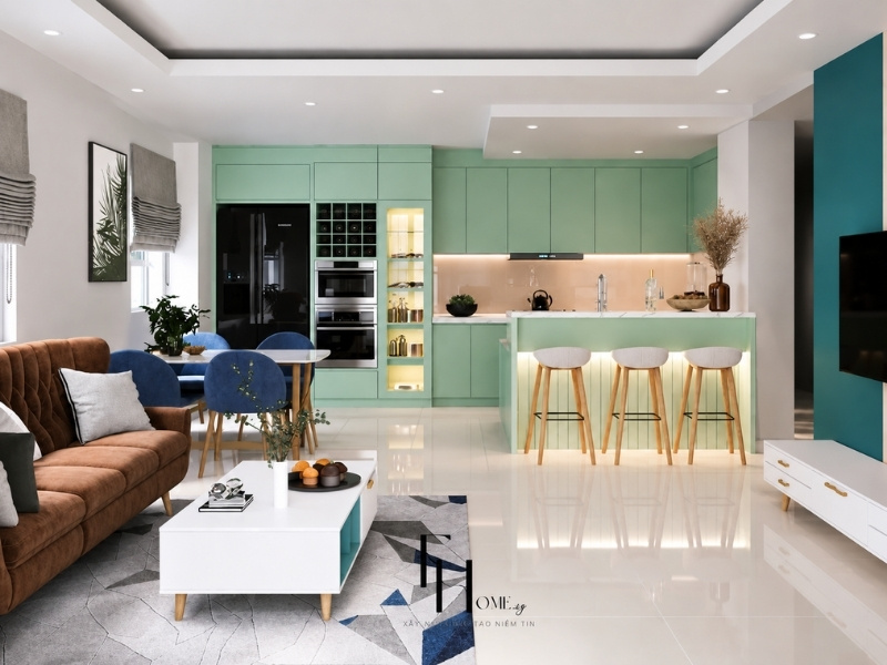 Thiết kế phòng khách liền bếp chung cư 50m2 không gian mở với sofa văng hiện đại
