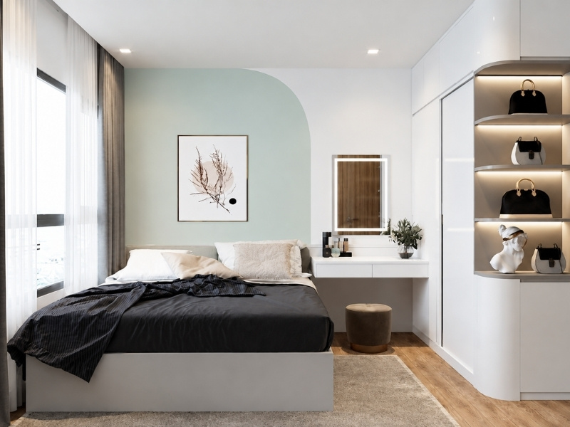 Thiết kế phòng ngủ Master căn hộ 50m2 với bàn trang điểm liền tủ quần áo bo cong