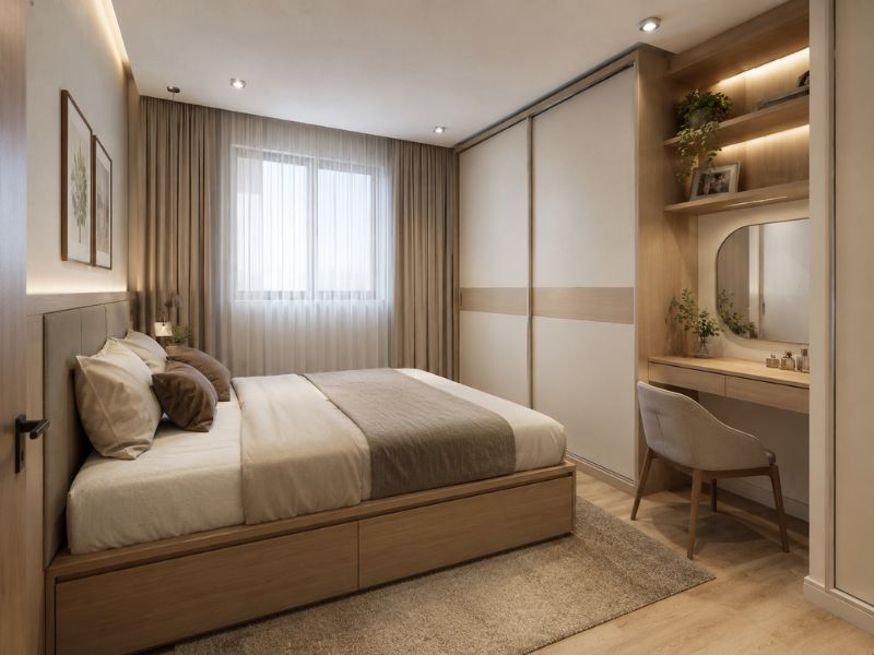 Thiết kế phòng ngủ căn hộ 45m2 với giường đôi thấp, tủ áo cửa trượt, bàn làm việc tích hợp kệ treo và cửa sổ lấy sáng