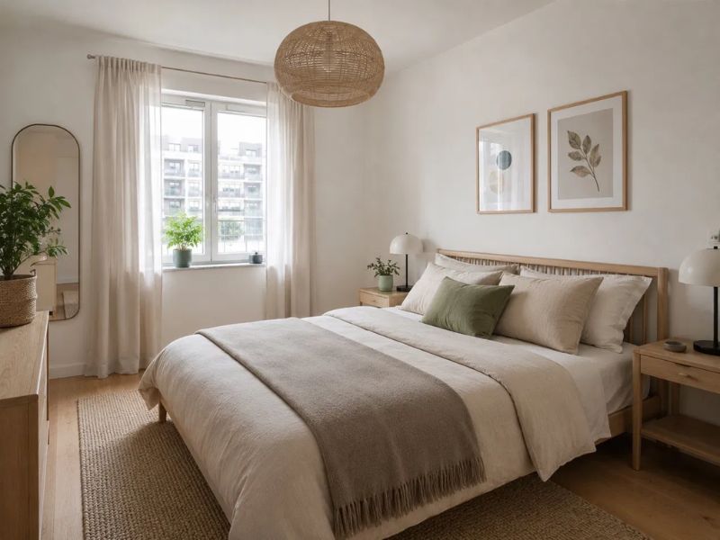 Thiết kế phòng ngủ chung cư 45m2 phong cách Scandinavian với giường gỗ sồi, ga trắng kem, gối xanh olive và đèn thả mây đan