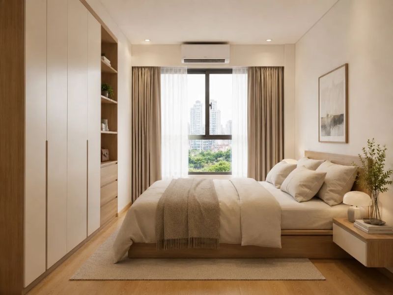 Thiết kế phòng ngủ chung cư 45m2 phong cách Tối Giản với giường đôi màu trung tính, tủ áo kịch trần và kệ lưu trữ sát vách