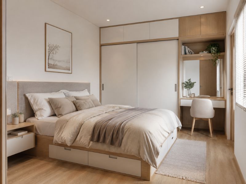 Thiết kế phòng ngủ chung cư 45m2 với giường đôi có hộc kéo, tủ áo cửa lùa, bàn trang điểm cạnh cửa sổ và bảng màu gỗ sáng