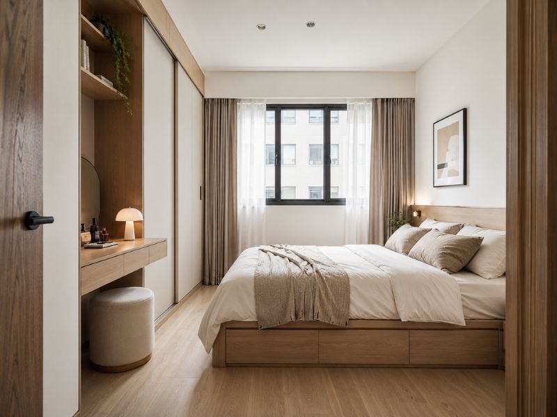 Thiết kế phòng ngủ chung cư 45m2 với giường đôi tích hợp ngăn kéo gầm, tủ áo cửa trượt và bàn trang điểm treo gọn sát tường