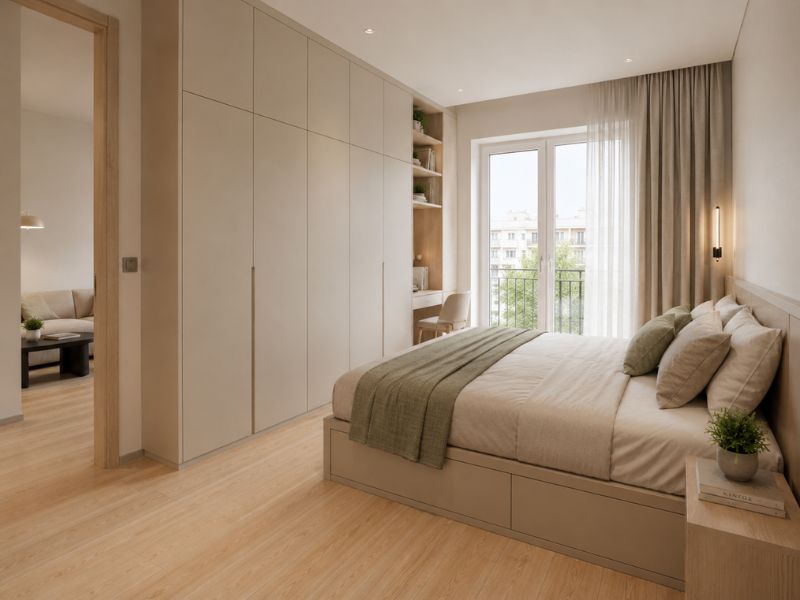 Thiết kế phòng ngủ chung cư 45m2 với tủ âm tường kịch trần, giường tích hợp ngăn kéo gầm và góc làm việc nhỏ cạnh cửa sổ