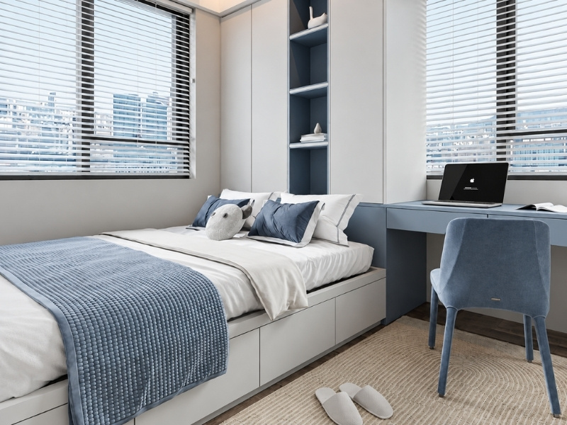 Thiết kế phòng ngủ phụ chung cư 50m2 với hệ giường bục ngăn kéo liền bàn làm việc
