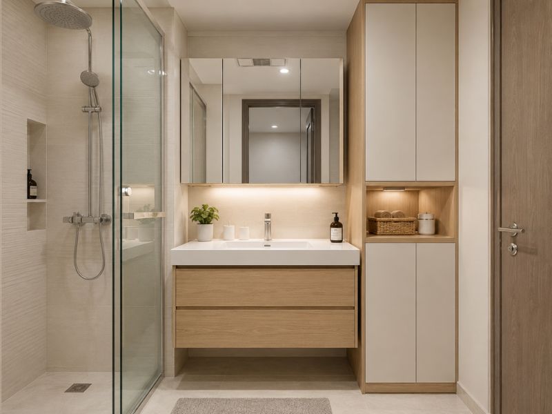 Thiết kế phòng tắm căn hộ 45m2 với tủ lavabo gỗ sáng, tủ lưu trữ cao và khu vực ẩm được xử lý gọn phù hợp khí hậu TP.HCM