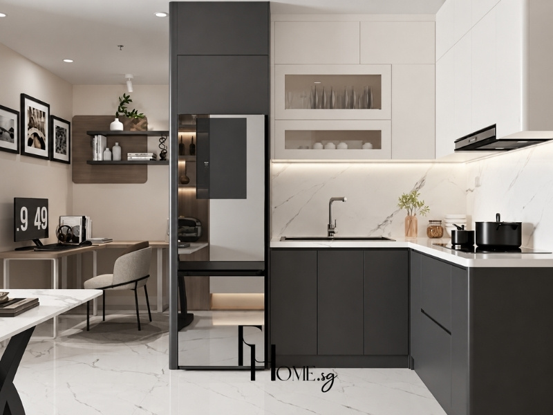 Thiết kế tủ bếp chữ L kịch trần phối hai màu ghi trắng trong căn hộ tối giản