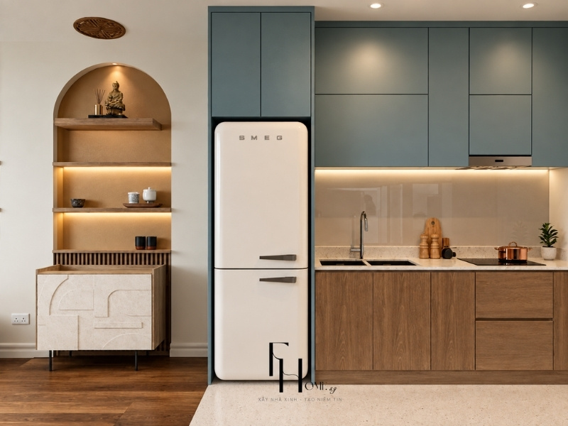Thiết kế tủ bếp phong cách Bắc Âu phối màu xanh pastel cùng hệ tủ dưới vân gỗ