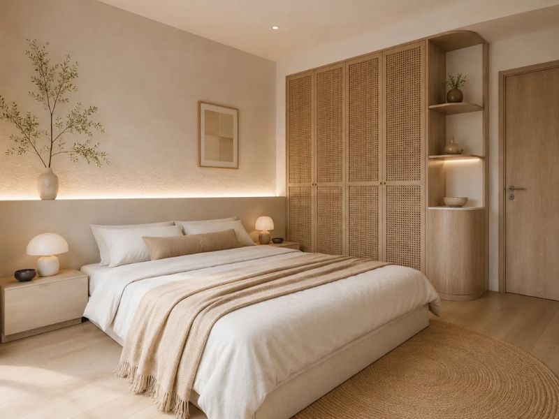 Thiết kế phòng ngủ chung cư 45m2 phong cách Wabi Sabi với giường thấp màu kem, tủ cánh mây đan và kệ bo cong sát tường