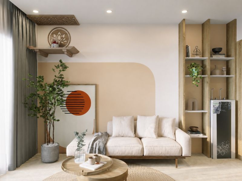 mẫu thiết kế nội thất căn hộ 50m2 phong cách Japandi với sofa kem và bàn trà gỗ tròn