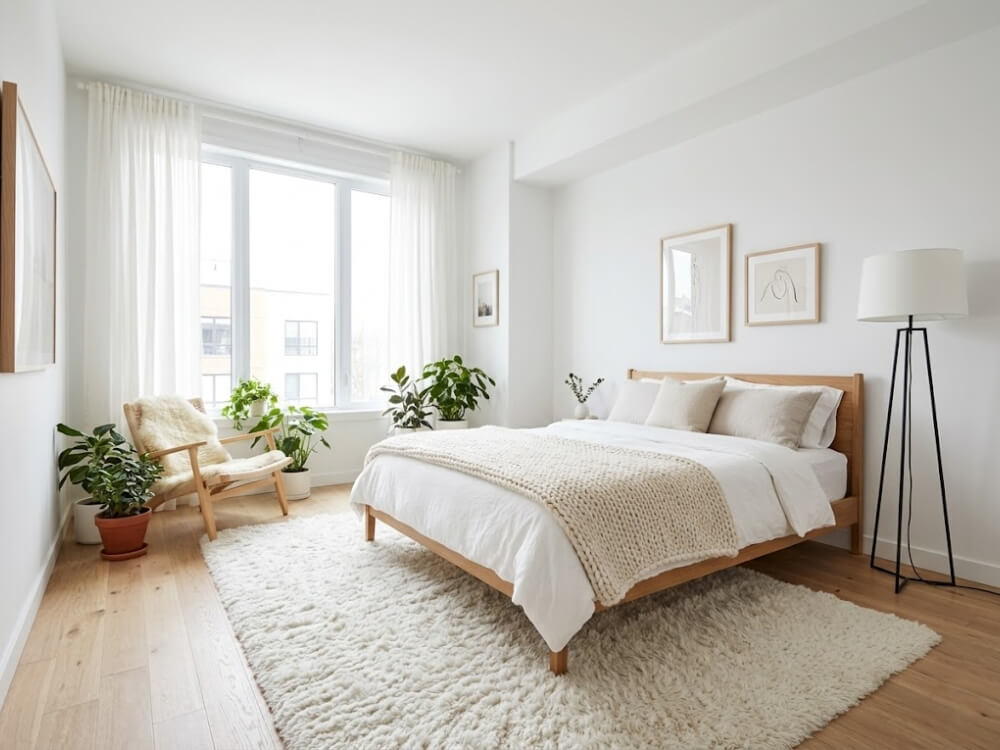 Phòng ngủ Bắc Âu ấm cúng, gỗ bạch dương, thảm lông, đèn chân đứng, FHome Sài Gòn