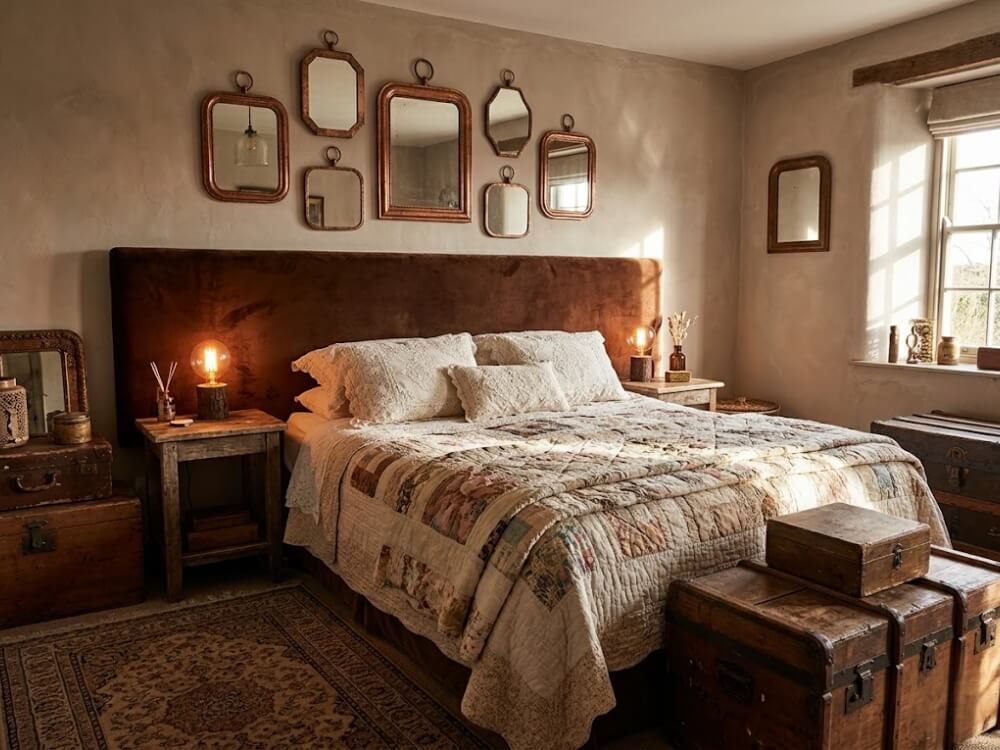 Phòng ngủ Vintage, đầu giường bọc nhung, gương đồng, đèn Edison, FHome Sài Gòn