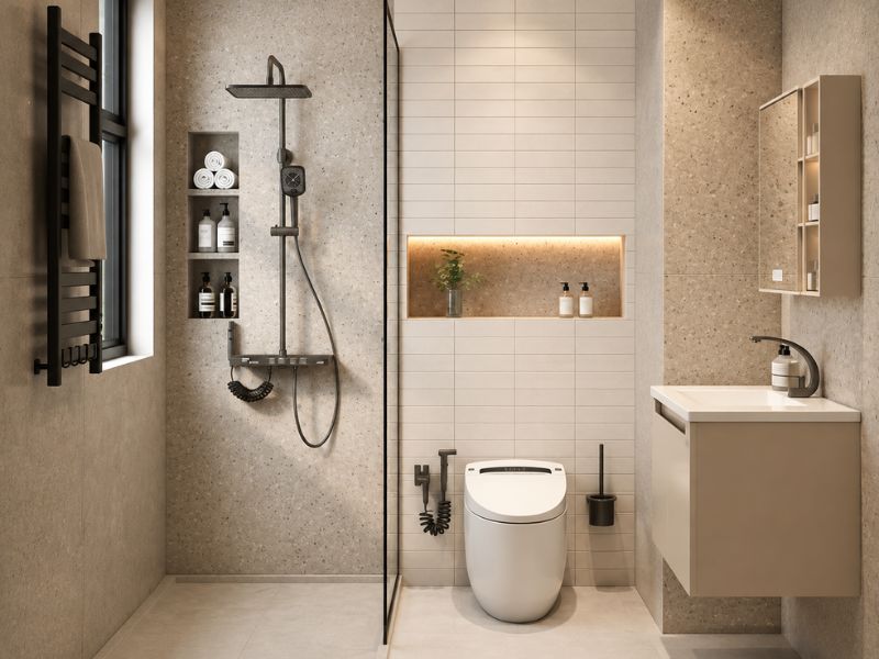 thiết kế nội thất nhà vệ sinh căn hộ chung cư 45m2 với vách kính và tủ lavabo treo