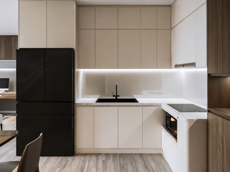 thiết kế nội thất phòng bếp chung cư 45m2 phong cách tối giản