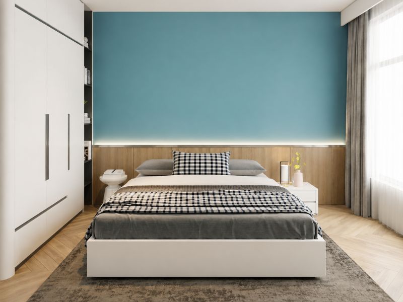 thiết kế nội thất phòng ngủ căn hộ 45m2 với tủ áo kịch trần và cửa sổ lớn