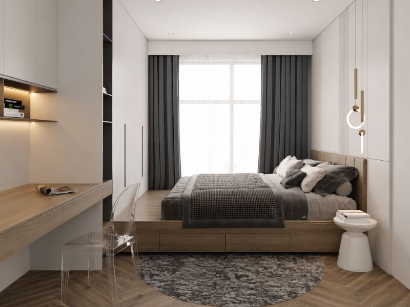 thiết kế nội thất phòng ngủ căn hộ chung cư 45m2 với giường có ngăn kéo và bàn làm việc